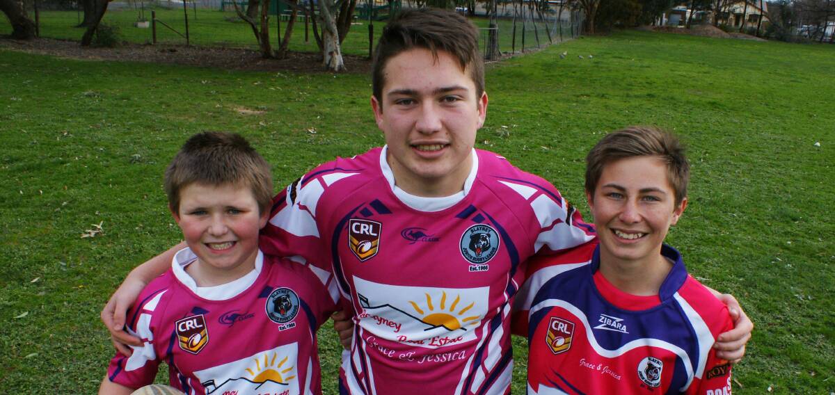 Ready to rumble: Bears junior players Nickolas Oresic, William Mackie and Anthony Pond will be taking part in the Pink and Purple day on Saturday. Photo: Mark Logan