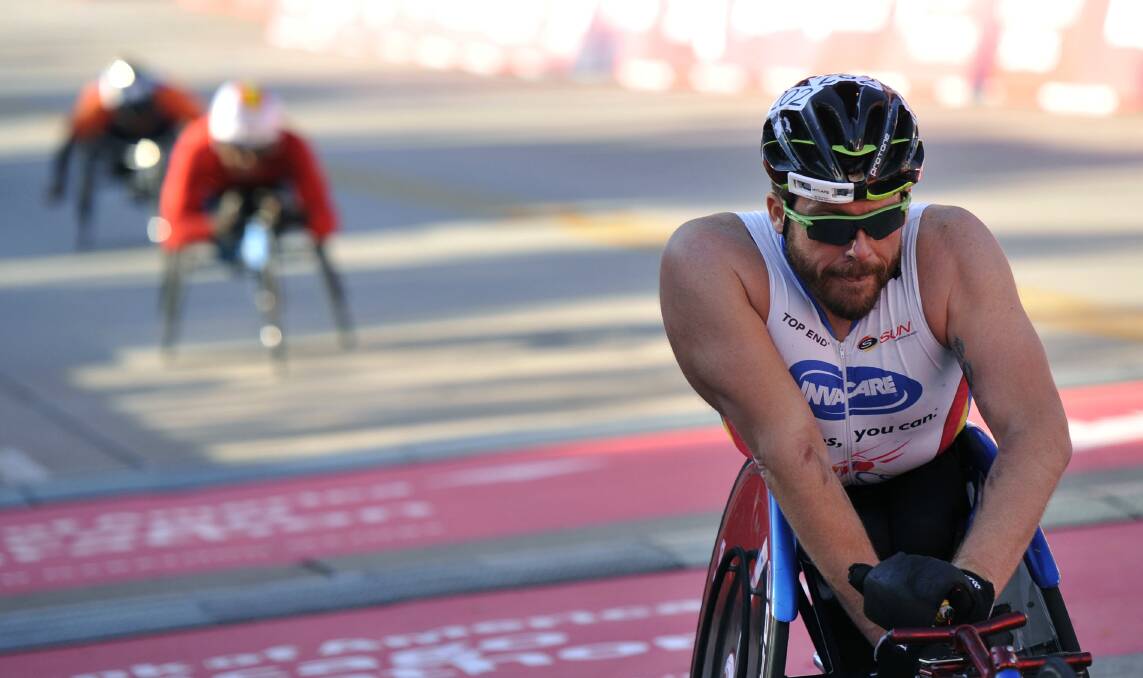 RUNNER-UP: Carcoar wheelchair ace Kurt Fearnley placed second in the Chicago Marathon on Sunday. The honours belonged to Swiss start Marcel Hug. Photo: AP
