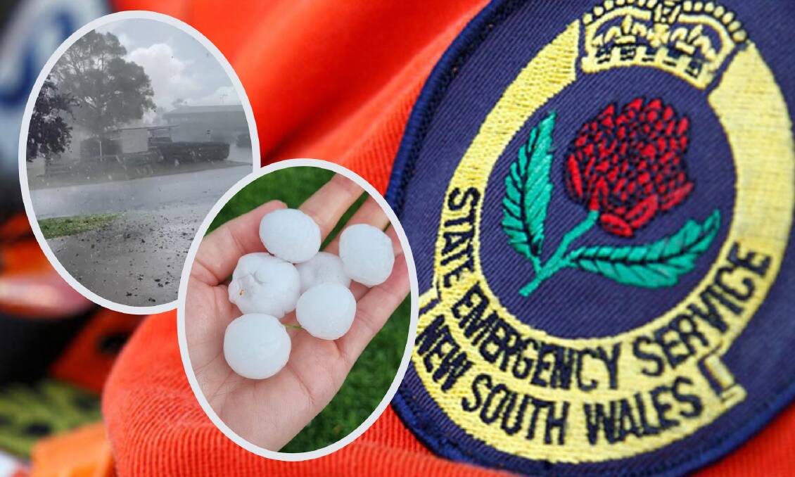 A NSW SES badge and (insets from left) the storm that whipped through Orange and golf-ball sized hail stones as shown by Tara Swiatkiwsky on the NSW Storm Watch Facebook page. 