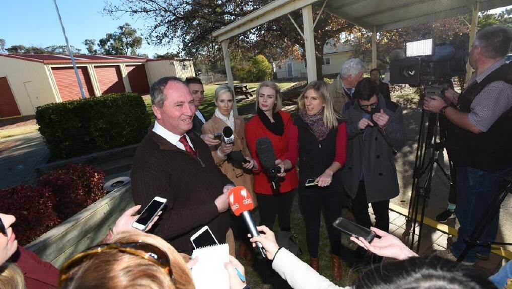 Barnaby Joyce speaks to the media in Woolbrook this afternoon. Photo:Gareth Gardner