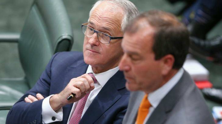 Prime Minister Malcolm Turnbull and Special Minister of State Mal Brough during question time on Thursday. Photo: Alex Ellinghausen