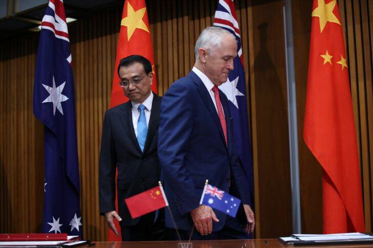 Prime Minister Malcolm Turnbull and Premier Li Keqiang of China during a signing ceremony at Parliament House in Canberra on Friday 24 March 2017. Photo: Andrew Meares  Photo: Andrew Meares