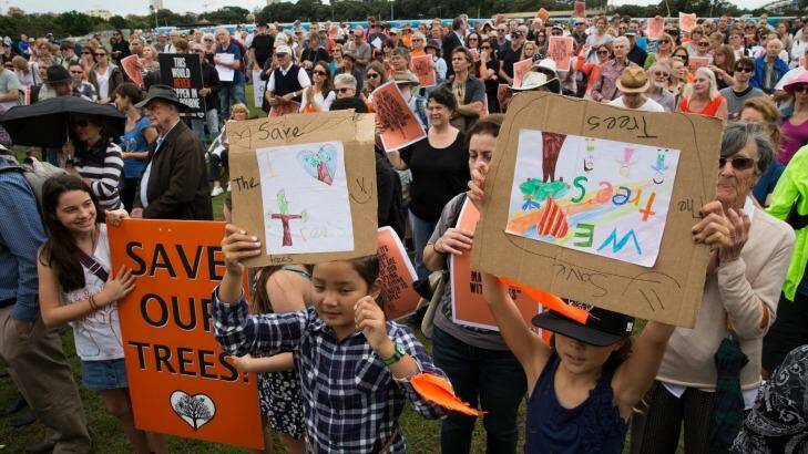 Protestors rally to save the trees on Anzac Parade in Moore Park that are scheduled to be destroyed to make way for the light rail corridor in Sydney.  Photo: Janie Barrett