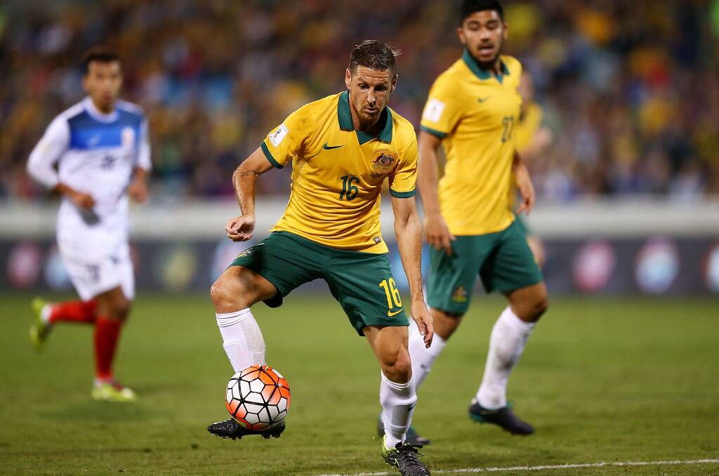 IMPRESSIVE DISPLAY: Blayney’s Nathan Burns was strong in the Socceroo’s 3-nil victory over Kyrgyzstan on Thursday.
Photo: GETTY IMAGES