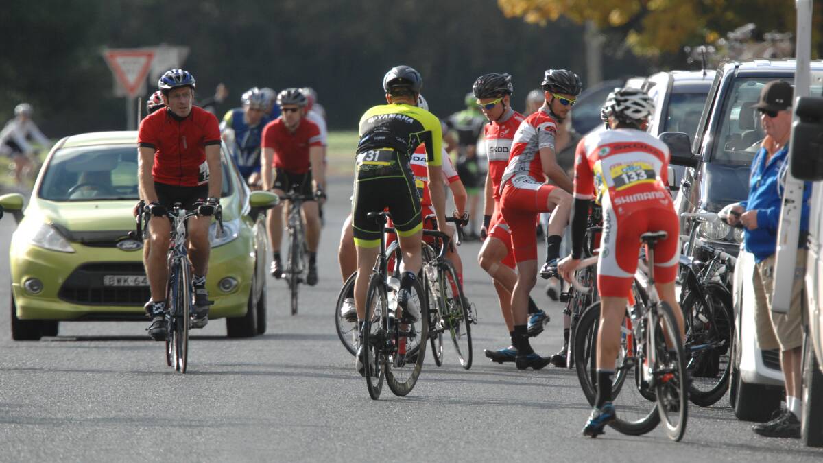 WARM UP: Riders get their legs in order before the start of Sunday's Blayney to Bathurst Cyclo Sportif 2014. Photo: ZENIO LAPKA