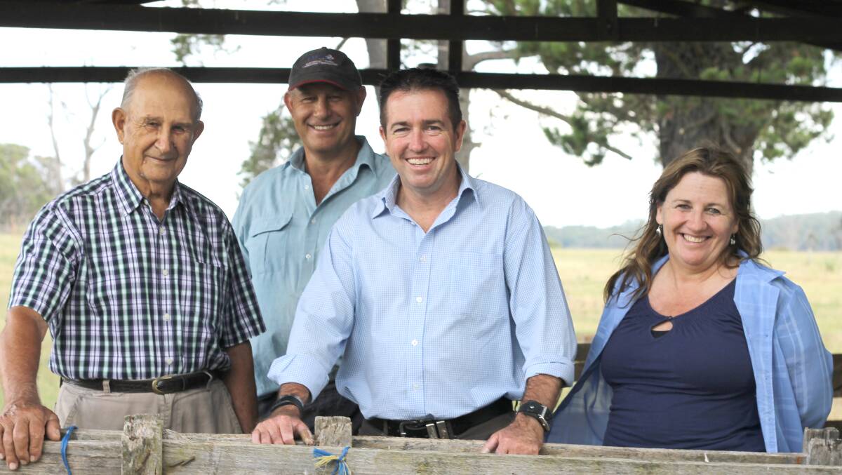 Member for Bathurst Paul Toole pictured with Kevin Radburn Senior and Junior and Lisa Paton while on a visit to Neville to announce the Neville Showground Trust will receive more than $18,000 from the state government.