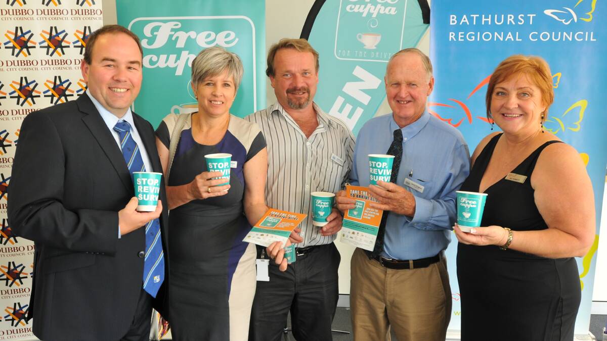 Blayney Shire Council's Grant Baker, Rebecca Ryan, Geoff Paton, Cr David Kingham and Iris Dorsett launching the Free Cuppa for the Driver scheme. 