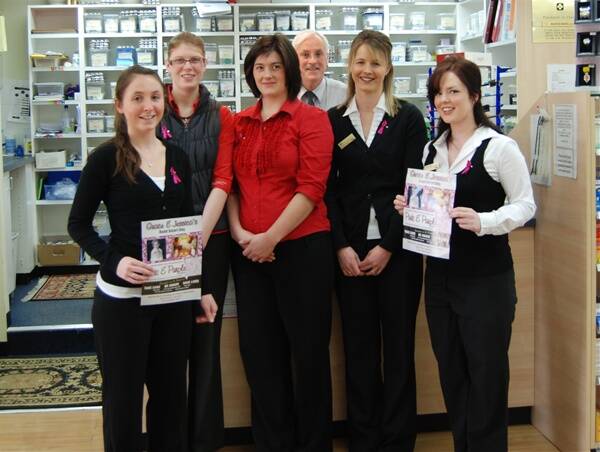 SHOW OF SUPPORT: The staff from Blayney Pharmacy Jessica Orton, Sarah Blake, Annah Giggins, Maurice McNeil, Julie Loughlin, and Holly Miskell wear pink and purple ribbons in support of Grace and Jessica's Road Smart day. Photo: Megan Taylor.