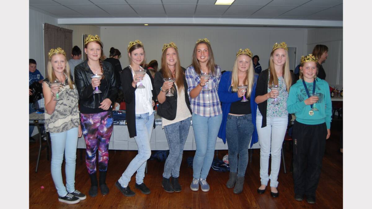 Naomi Anderson, Brittany Jacobson, Kate Redmond, Sophie Stammers, Calle Nicholls, Holly Hopkins, Ellie Hame and Ellen Brown were netball royalty at presentation night after winning the under 14 State Age Championship earlier this year. Photo: Wayne Cock.