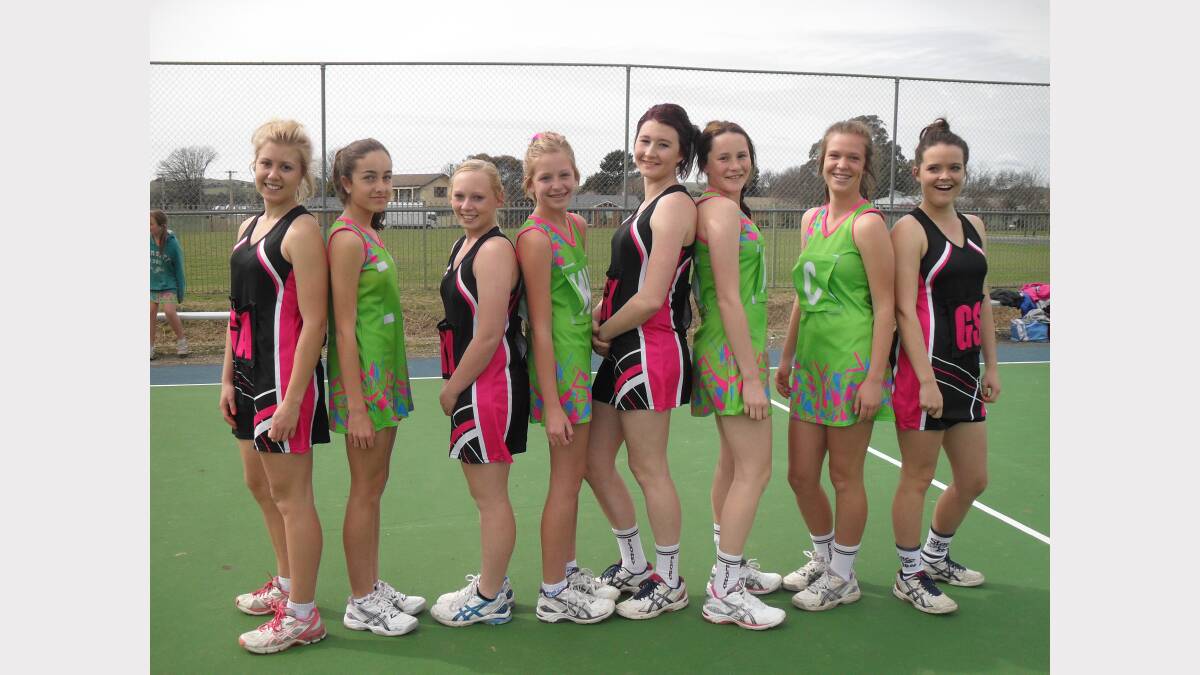 Last Saturday's netball rivalry between Jaguars and Twisted from left Brittany Howarth, Emmerson Toshack, Chloe Anderson, Naomi Anderson, Laura Funnell, Karlee Funnell, Sophie Stammers, Hannah Stammers, absent Mikaela and Holly Hopkins.