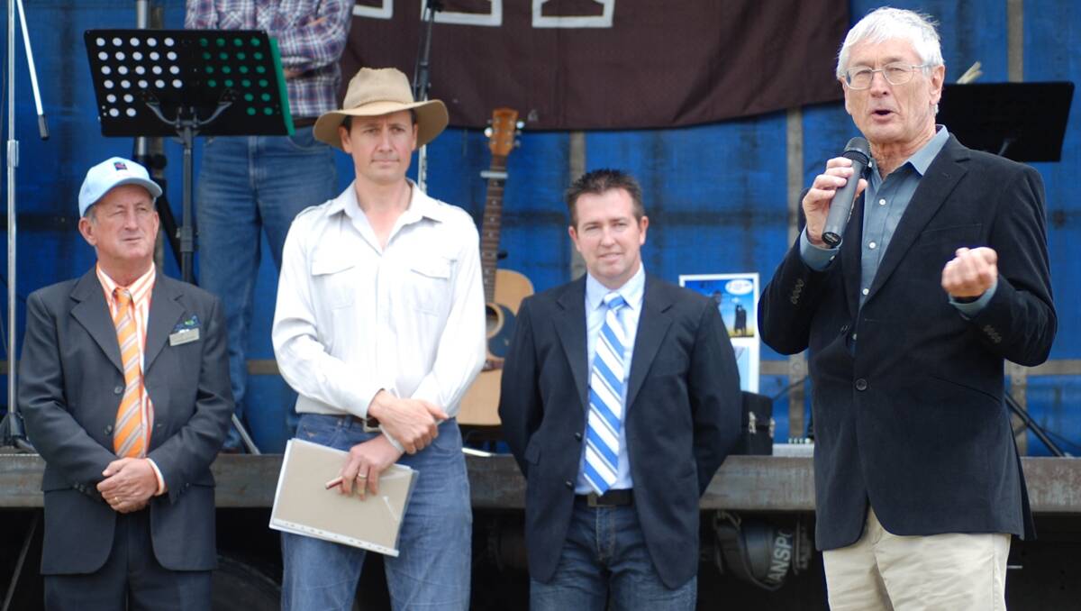 Bathurst councillor Bobby Bourke, show M.C. Ashley Bland and M.P. Paul Toole with special guest Dick Smith open the 30th annual Trunkey Horse and Wool Show.  