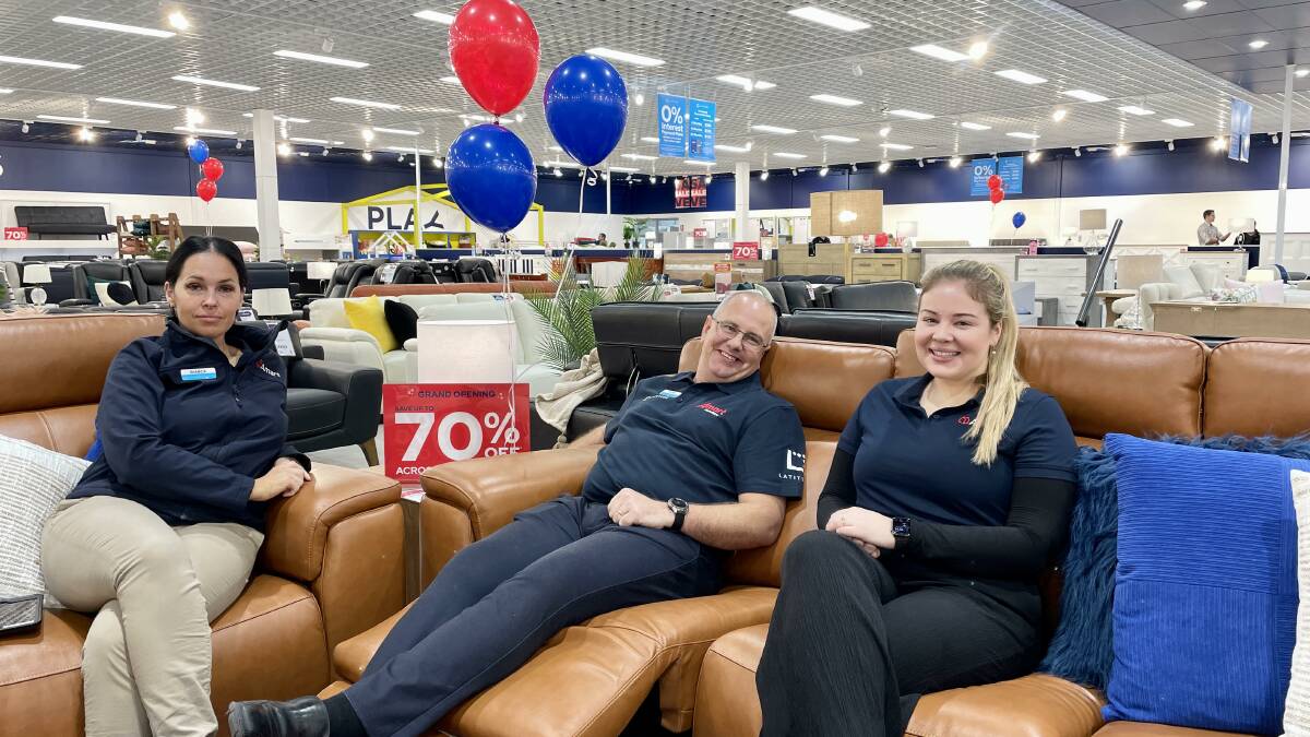 Amart Bathurst store manager Bianca Gedling with regional manager Peter Cannon and marketing manager Alicia Laker at the grand opening on June 1, 2023. Picture by Amy Rees