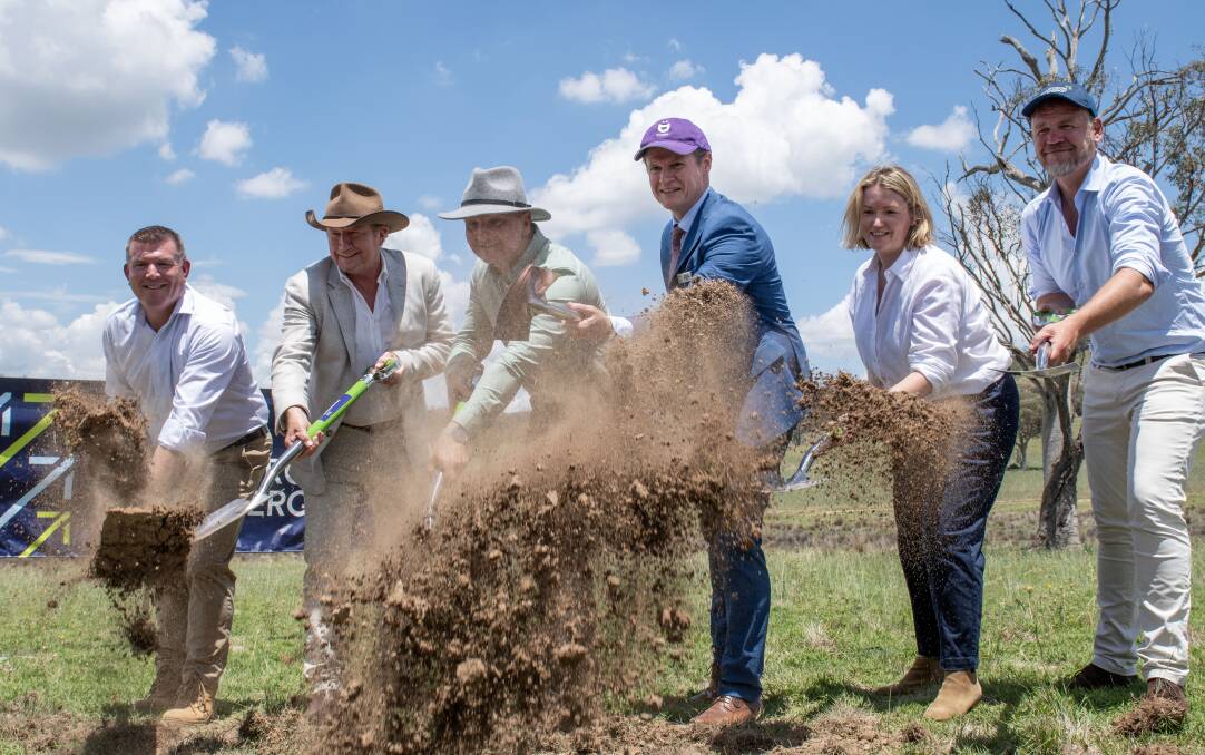 Dugald Saunders, Andrew Forrest, Chris Bowen, Mathew Dickerson, Vernova GE Jackie Brown and Squadron CEO Jason Willoughby break ground on the Uungala Wind Farm. Picture by Belinda Soole