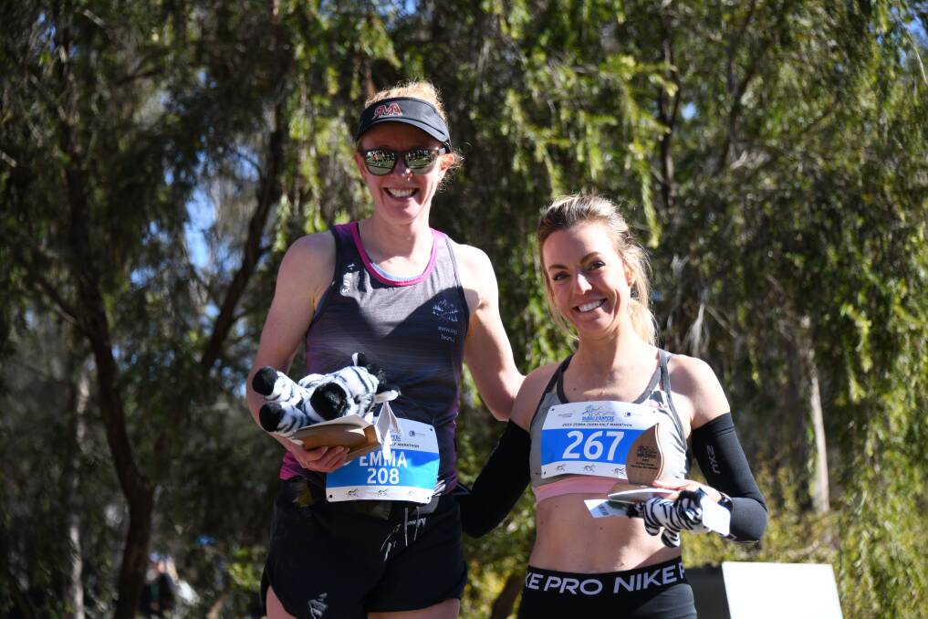 Emma Grey (L) and Emma Fessey (R) took first and second place in the women's half marathon at the Dubbo Stampede. Picture by Amy McIntyre