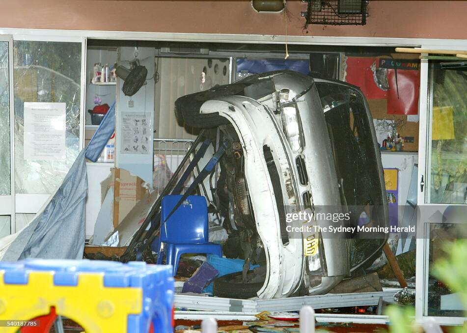 The car that smashed into Sophie Delezio's childcare centre in Fairlight, where the then two-year-old girl was trapped underneath the burning vehicle. Picture credit to Sydney Morning Herald, collection by Fairfax Media. 