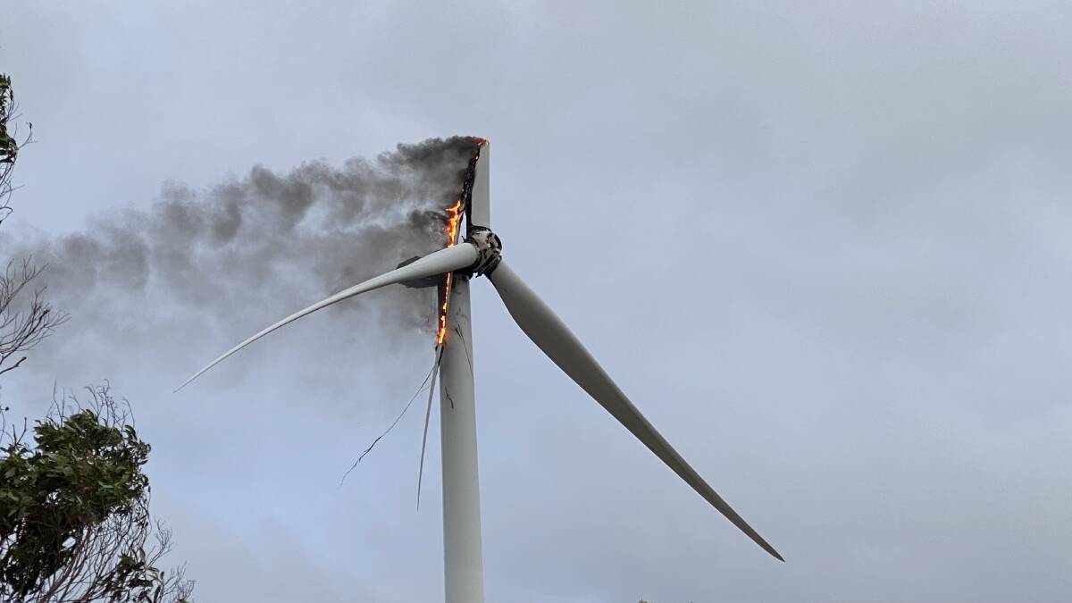 A turbine in the Cullerin wind farm caught fire early on January 5, 2023. It was inaccessible for firefighters but crews remained onsite to prevent any spread. Picture by Matt Curvey via Goulburn Post.