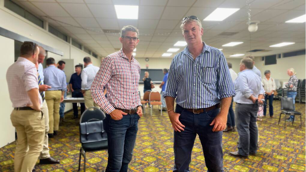 Voice for Cabonne members, Boomey residents and neighbours, Bryce Morley and Glen Walker presented at the anti-wind farm community meeting in Molong on February 19. Picture by Emily Gobourg