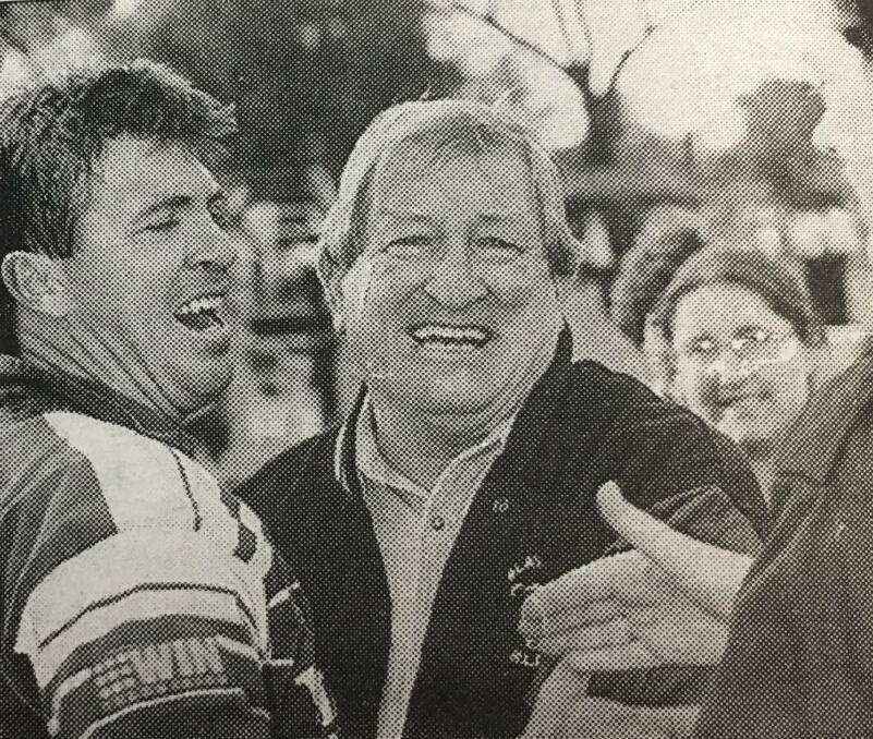 Blayney coach John Davis embraces outgoing Bears veteran Steve Mooney after the 1996 decider. File picture 