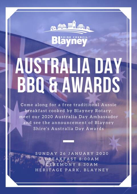 Enjoy a FREE BBQ Breakfast at the Australia Day Ceremony this Sunday cooked by The Rotary Club Of Blayney from 8am at Heritage Park!