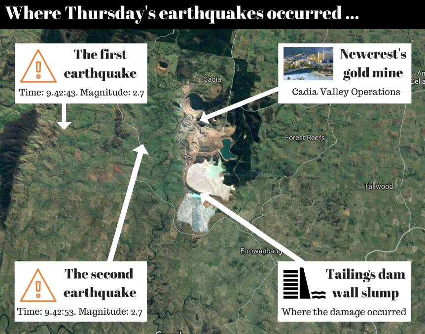 THE WHEN AND WHERE: The location of Thursday's earthquakes relative to Newcrest's Cadia Valley operations and the breach of the tailings dam.