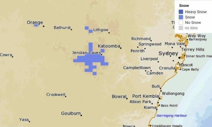 PREDICTED: The areas forecast to receive snow on Friday. Image: BUREAU OF METEOROLOGY