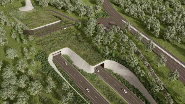 An "indicative visual concept" of the Little Hartley portal for the proposed Great Western Highway tunnel looking eastbound (subject to design development).