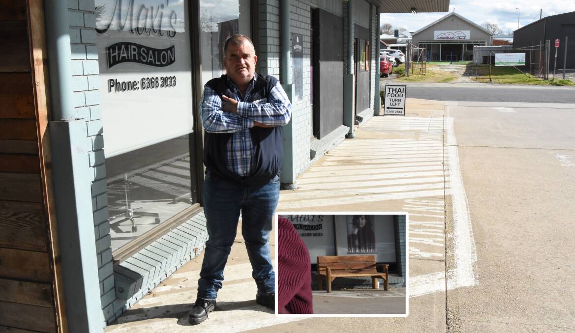 Where's our chair?: The humble yet popular bench outside Bernardi's Marketplace (inset) has been stolen and Geoff Bottom is not happy. Photo: Mark Logan.