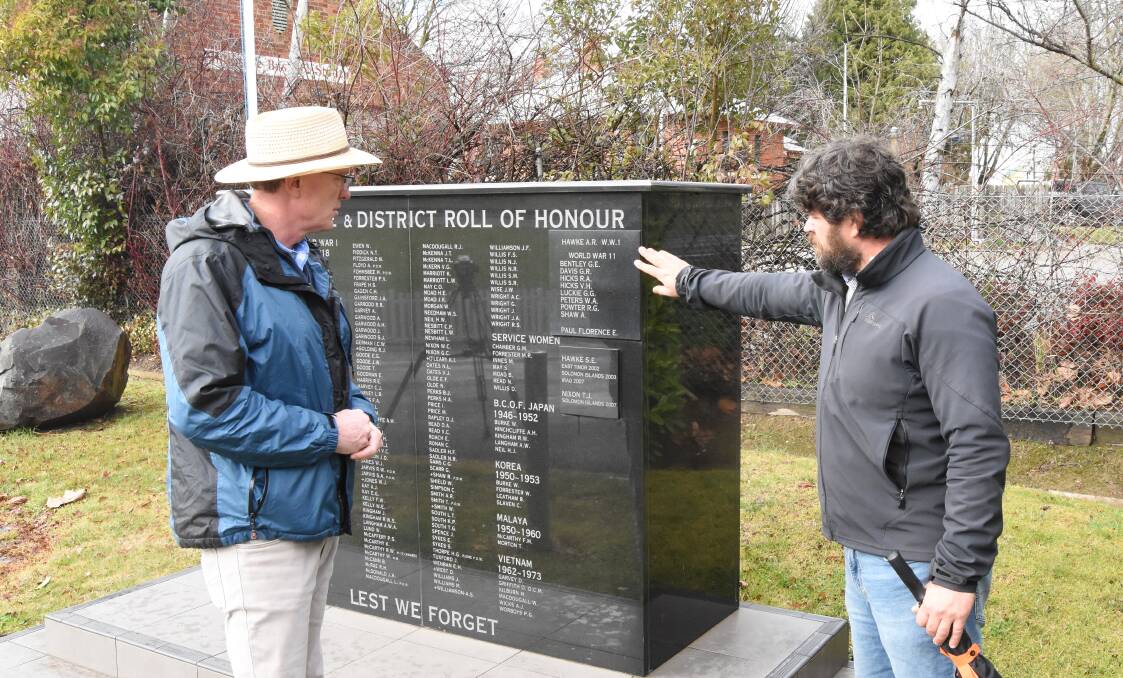 ETCHED IN: Andrew Gee and Nick Anagnostaras examining the plaques that will be replaced on the Roll of Honour. Photo: Mark Logan.