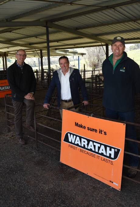 Penned in: Scott Ferguson, Paul Toole and Mark Richardson at Carcoar Showground. The prime lamb pens will be replaced with new galvanised pens. Photo: Mark Logan.