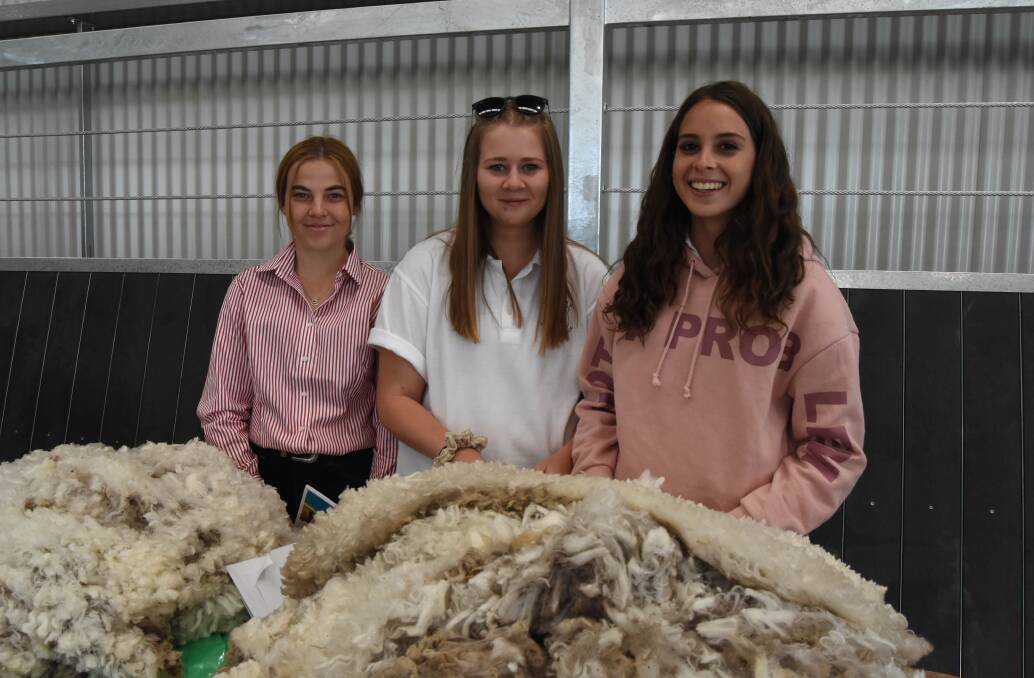 INNOVATION: Emily Ayling, Alli Farr and Juella Appleton from Blayney High School during the discussion on wool classing in 2020.