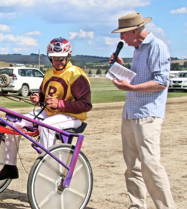 Post-race chat: Bernie Hewitt from Georges Plains, winner of the David and John McKenzie Prelude race, being interviewed by Terry Neil. Photo: Coffee Photography and Framing