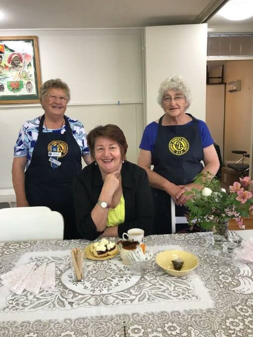 Tea for three: CWA members Gwen Aspinall and Beverley Nesbitt with visitor Jen Townsend from Orange in the Millthorpe CWA Hall during the 2019 garden ramble.