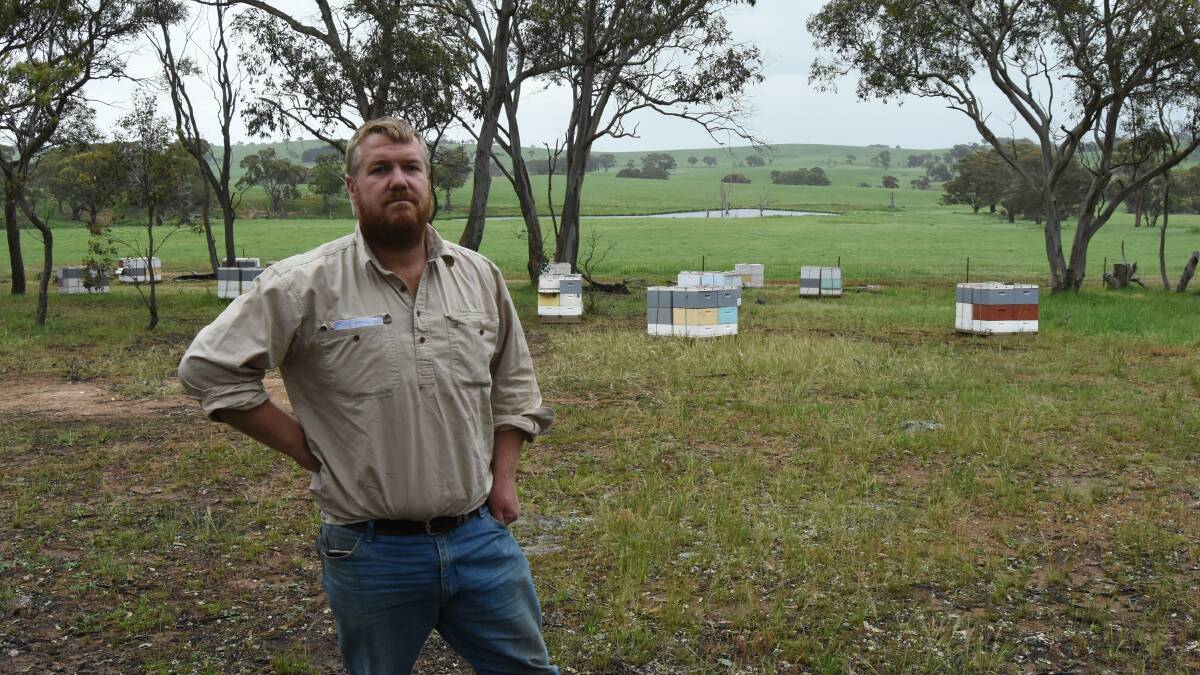No sweet deal: Jon Lockwood with some of the hives that will border the planned tailing dam.