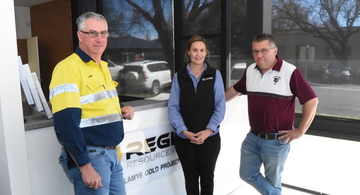 Keen supporters: Tony McPaul, Stacey McFawn and Damon Taylor at Regis Resources. Regis are once again sponsoring the Blayney Bears. Photo: Mark Logan.