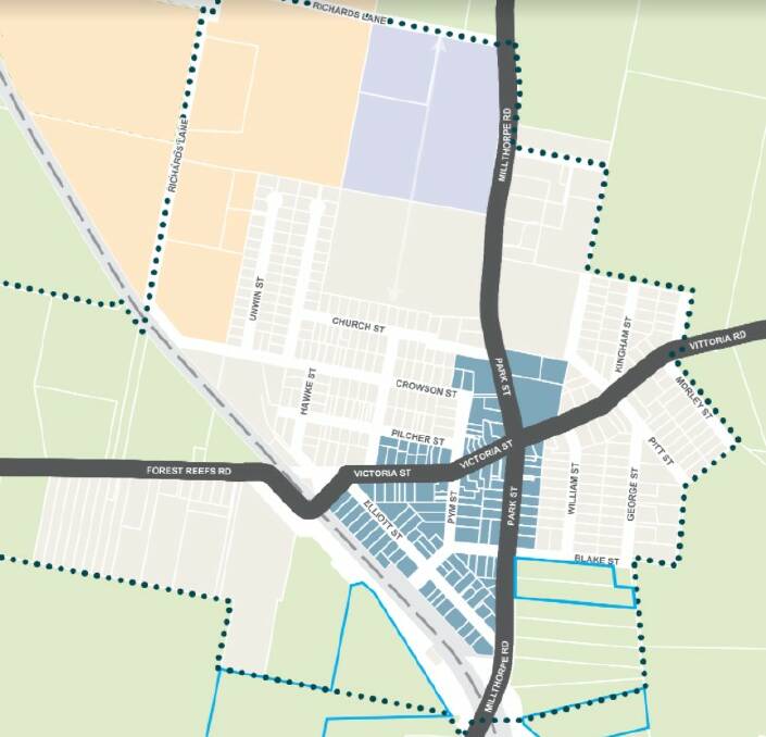 The new village zone is highlighted in dark blue. The light grey zone is residential. 