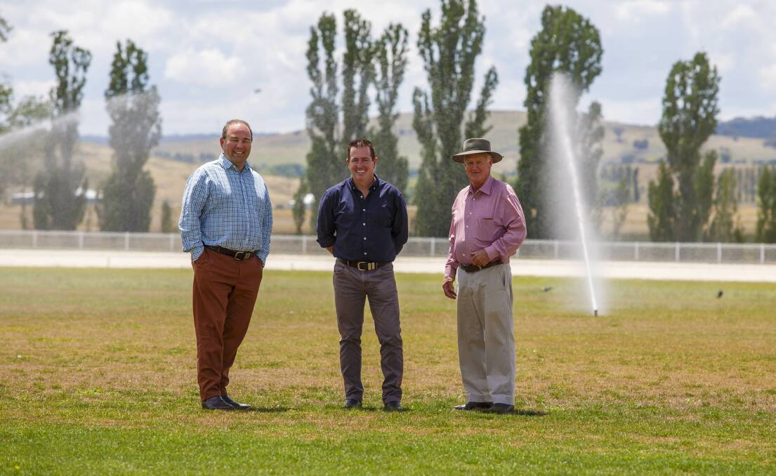 SMART IDEA: Grant Baker, Paul Toole and David Kingham at Blayney Showground which would become part of the smart hub irrigation network. Photo: Contributed.