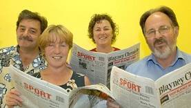 Tim Kelly (Right) with Zenio Lapka, Annette Brooks and Lynne Hand at the Blayney Chronicle in 2003.