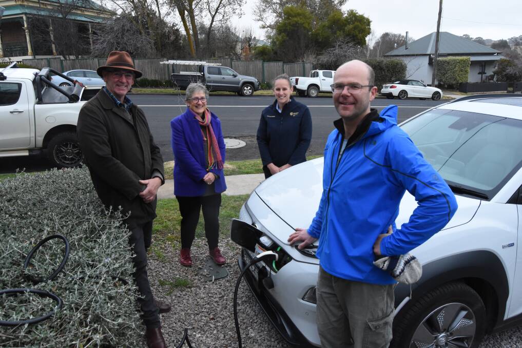 FULL CHARGE AHEAD: Scott Ferguson, Lyndall Harrison, Nicole Morris and Marcin Teisseyre at the charging station at Angullong Wines cellar door. Photo: Mark Logan. 
