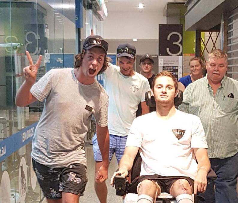Fighting back: Josh Farr, with friends Ned Hobby and Dave Kenzie, after Josh's first rehab gym session. Photo: Josh's Road to Recovery.