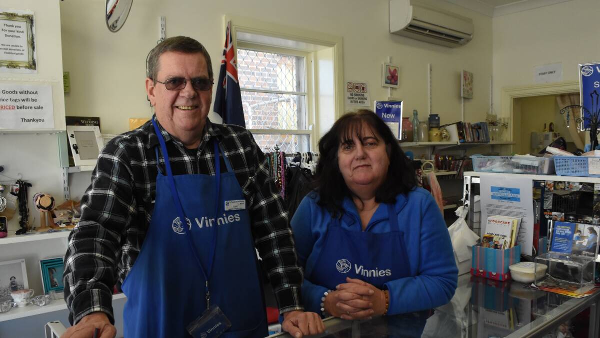 Here to lend a hand: Tony Handcock and Trish Marassionis are regular volunteers at Vinnies in Blayney. Photo: Mark Logan.