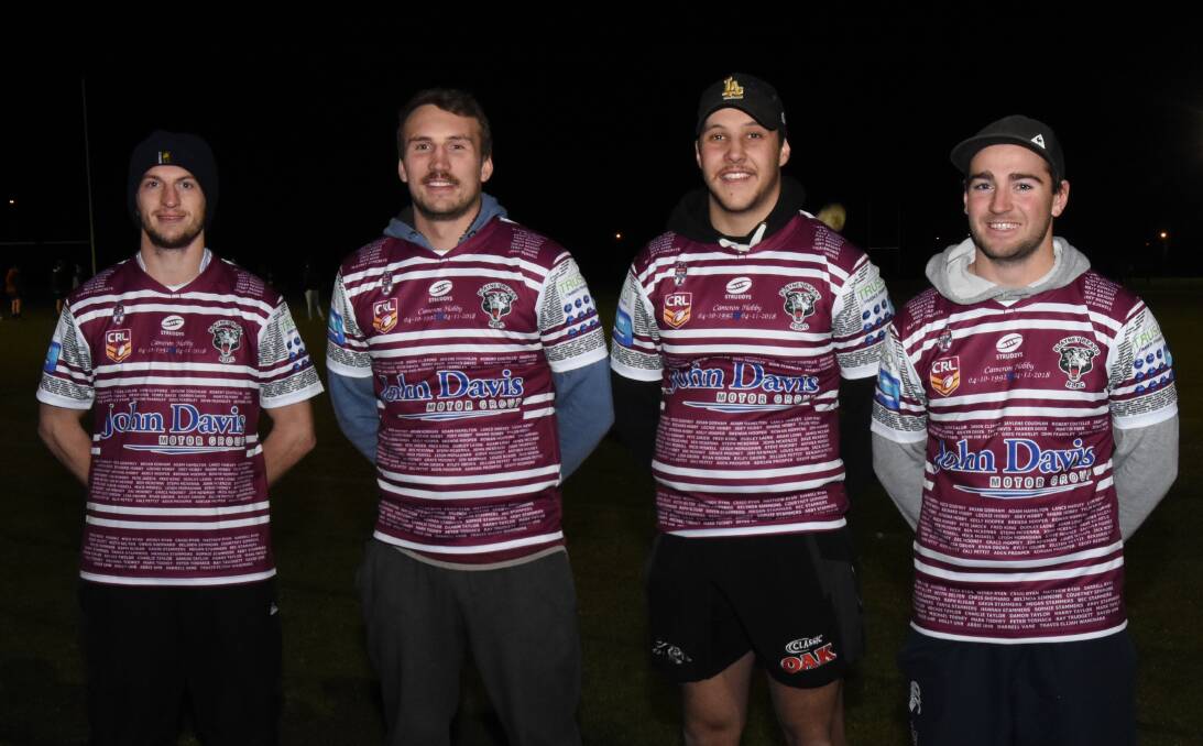 Jersey Boys: Carter Hirini, Tom Hooper, Joey Hobby and Michael Toohey wearing some of the jersey's they'll be playing in on Sunday. Photo: Mark Logan.