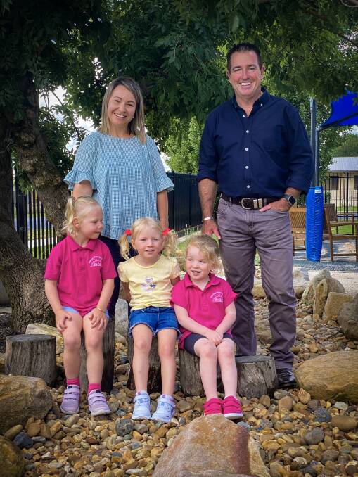 Member for Bathurst Paul Toole at Blayney Preschool with Centre Director Olivia Taylor and pre-schoolers Lexi Fletcher, Winnie Sullivan and Bella Leah.