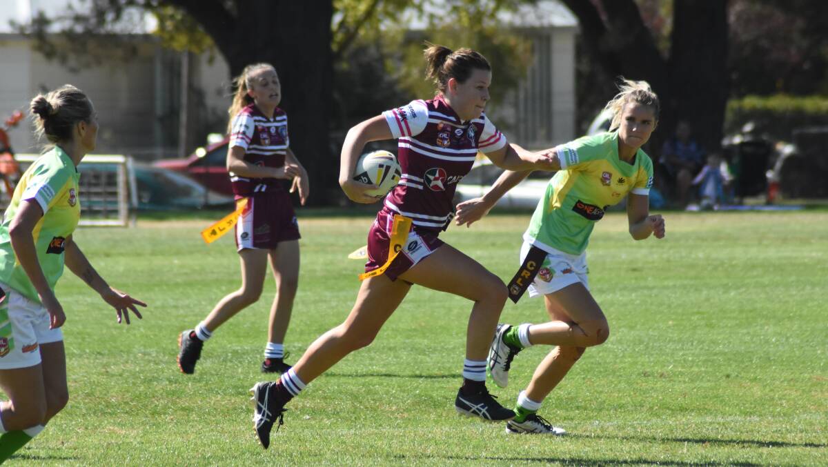 Grace Mooney takes off during a close win against CYMS early in the season in 2019. Photo: Mark Logan