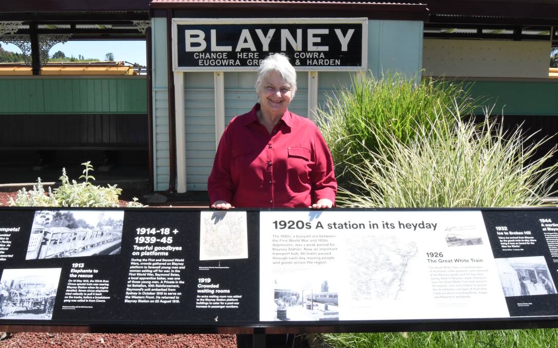 CHANGE HERE: Gwenda Stanbridge with some of the new interpretive signs at Blayney Station. Photo: Mark Logan.