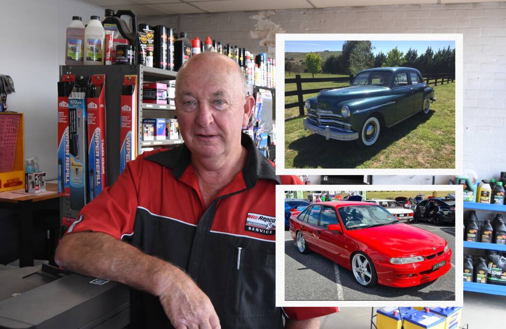 PERFECTION: Michael Baker with the two cars that he and his son Christopher will be driving to the Gnoo Blas Classic Car Show on Saturday. Photo composite: Mark Logan.
