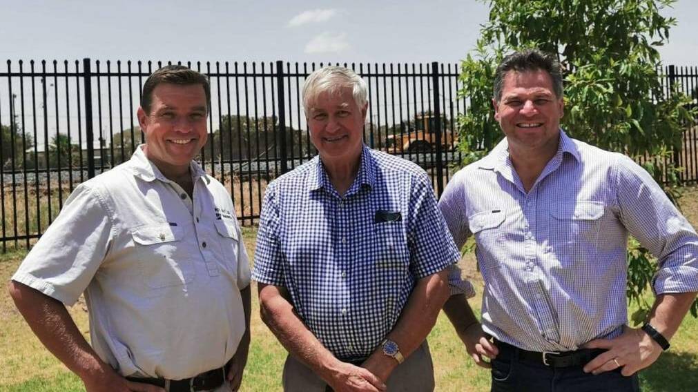 OUT AND ABOUT: Barwon MP Roy Butler with Bogan Shire mayor Ray Donald and Shooters Fishers and Farmers Member for Orange Phil Donato. Photo: CONTRIBUTED