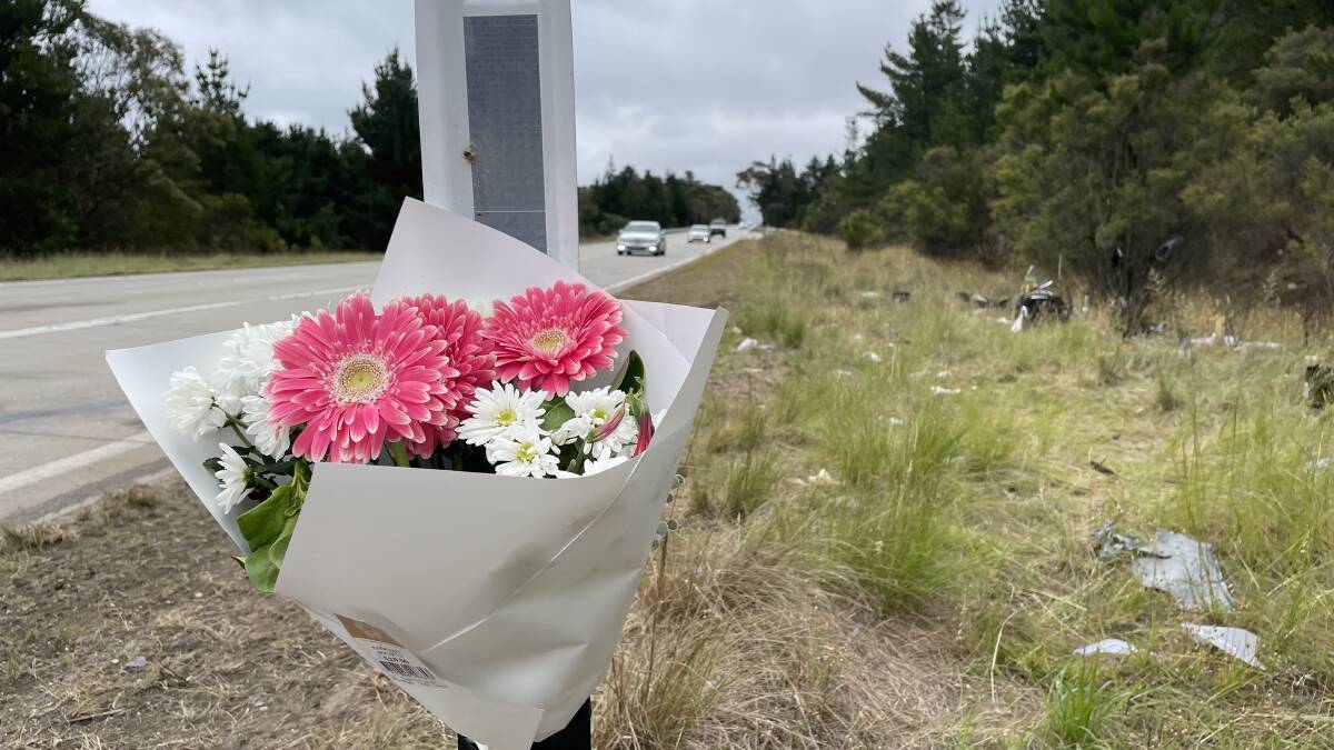 Flowers placed on the side of the Great Western Highway following the December double fatal crash. 
