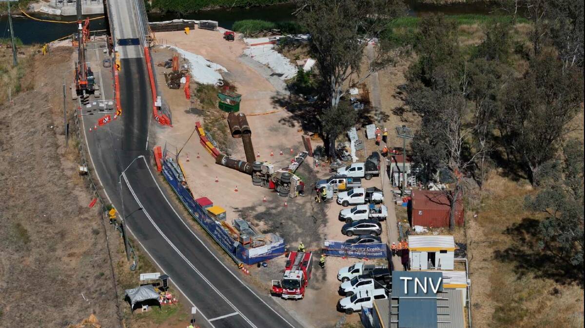 A crane has rolled while working on the Mandagery Creek Bridge replacement at Manildra. Picture by Troy Pearson/TNV