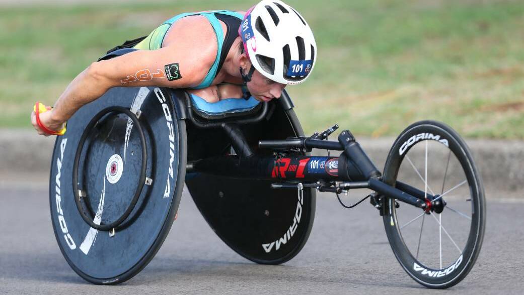 Lauren Parker on her way to victory in the Paratriathlon Oceania Championships in Newcastle on Sunday. Picture: Con Chronis, Triathlon Australia.