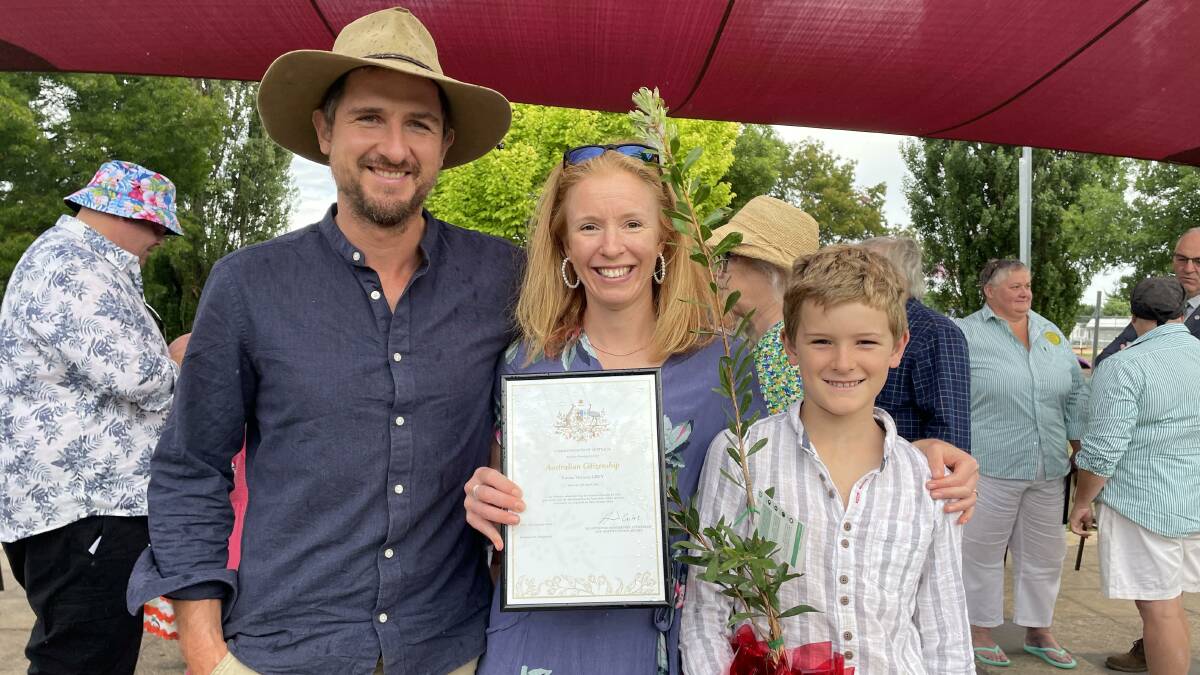 New citizen Emma Grey centre, with husband Harry Grey and son Finn at the Australia Day ceremony in Blayney on Friday, January 26. Picture by Tanya Marschke